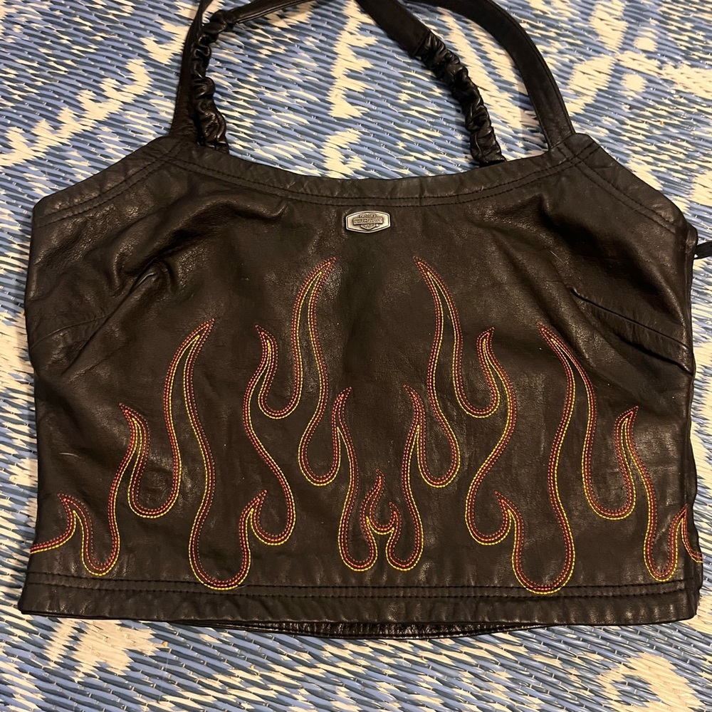 Harley  Davidson  Vintage black Leather Tank with Red and Yellow Flame Stitching
